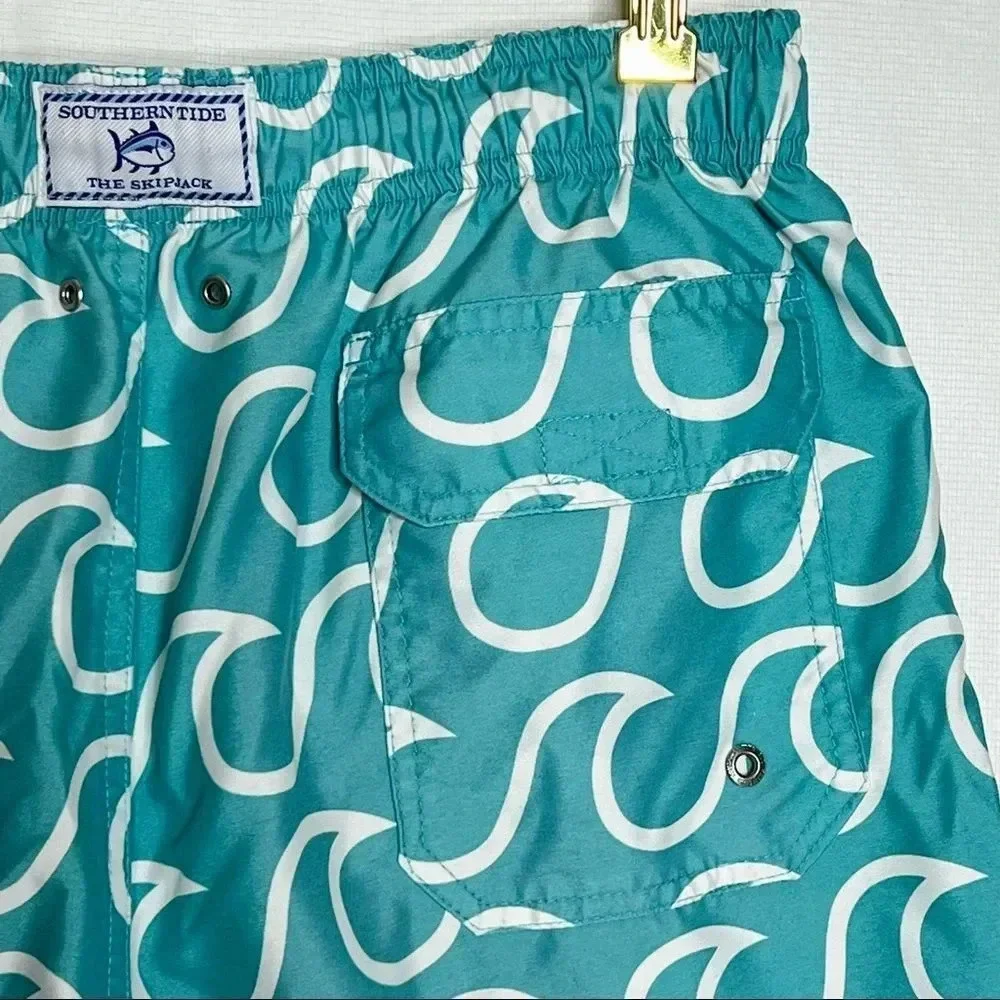 Southern Tide Swim Short Size Small  Wave Pattern Trunk Teal White